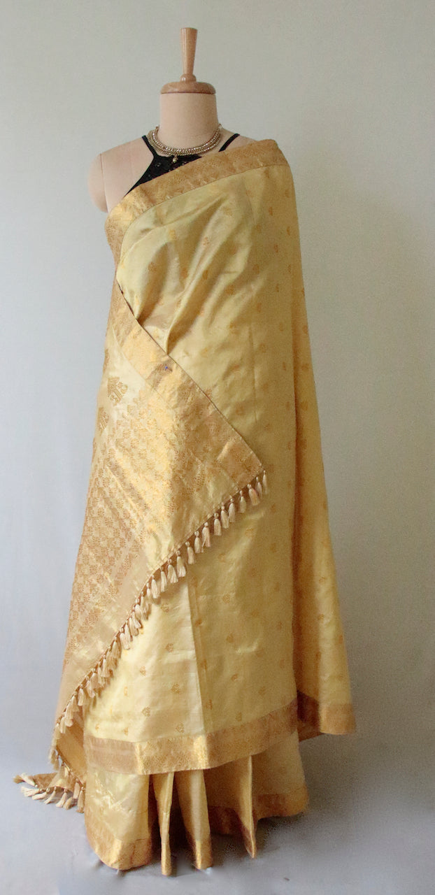 Golden beige With Full Zari Work Handloom Silk Saree from Assam- Made to