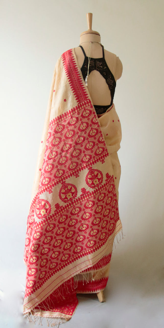 Tassar Silk Saree with traditional red and golden zari motifs from Assam