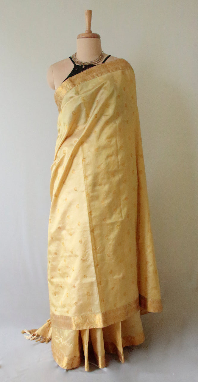 Golden beige With Full Zari Work Handloom Silk Saree from Assam- Made to