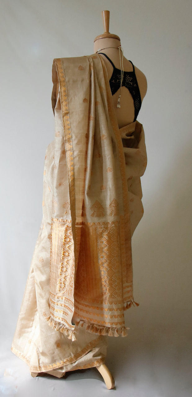 Handloom Authentic Muga Silk Sari with golden zari from Assam -Made to Order