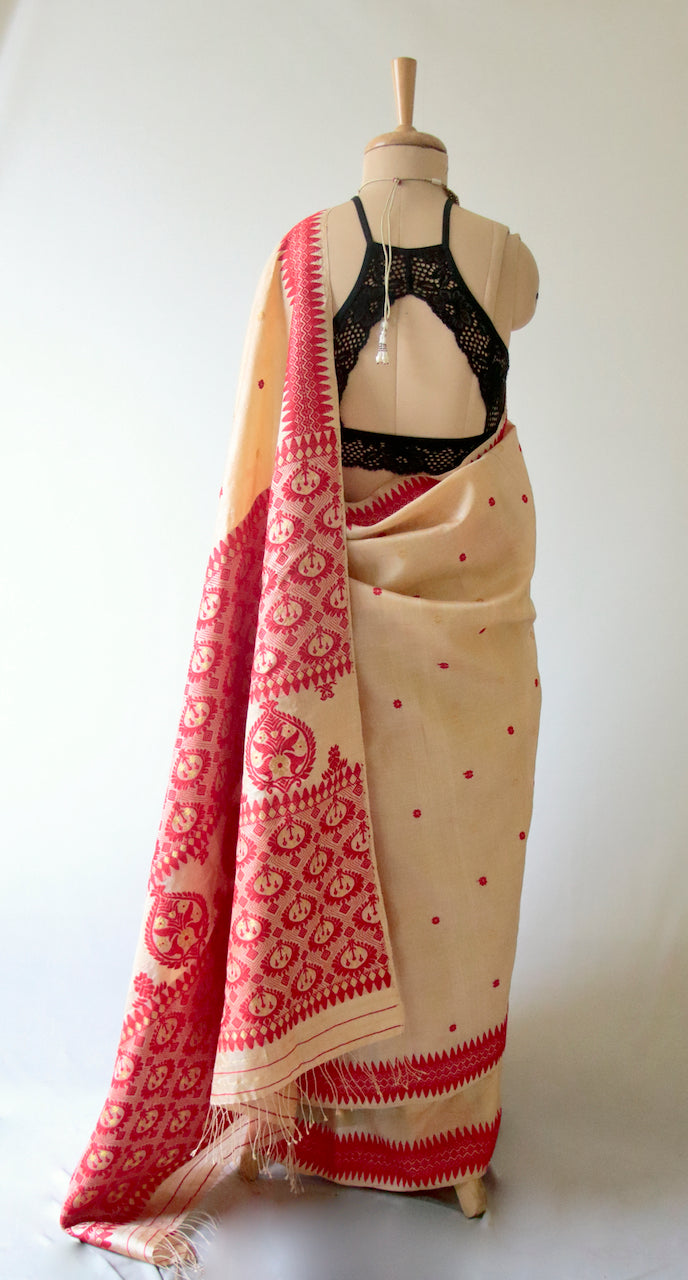 Tassar Silk Saree with traditional red and golden zari motifs from Assam