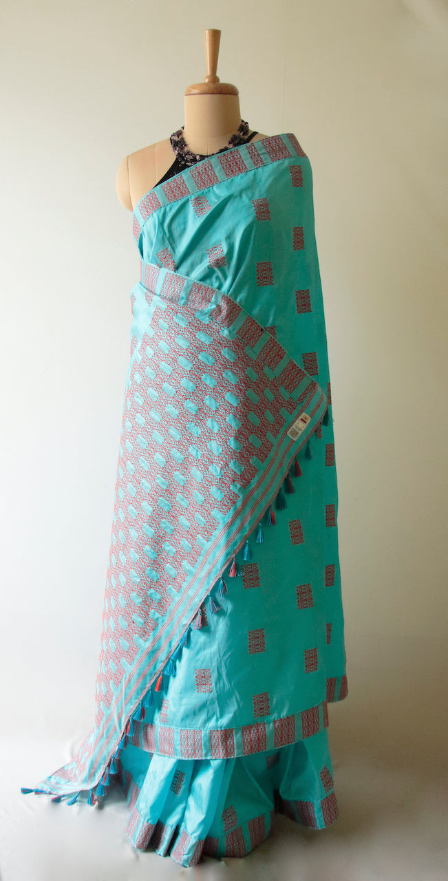 Sky Blue Handloom Mulberry Silk Sari from Assam