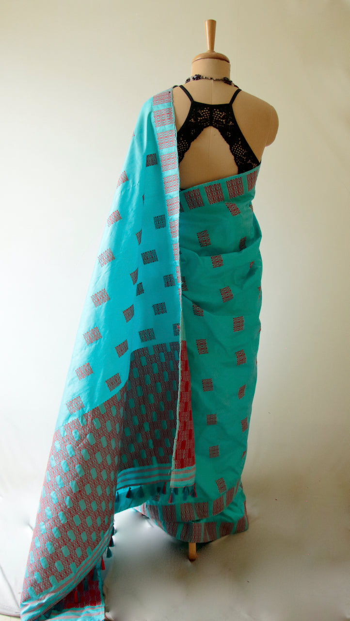 Sky Blue Handloom Mulberry Silk Sari from Assam