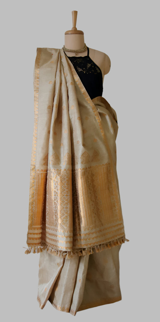 Handloom Authentic Muga Silk Sari with golden zari from Assam -Made to Order