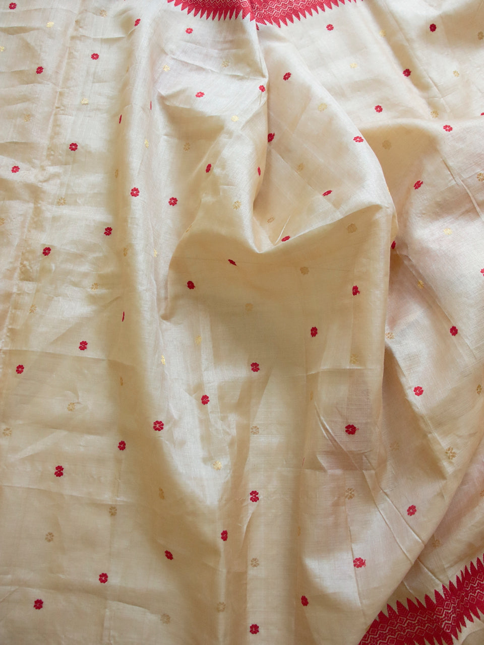 Tassar Silk Saree with traditional red and golden zari motifs from Assam