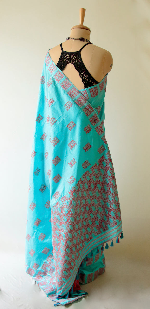 Sky Blue Handloom Mulberry Silk Sari from Assam