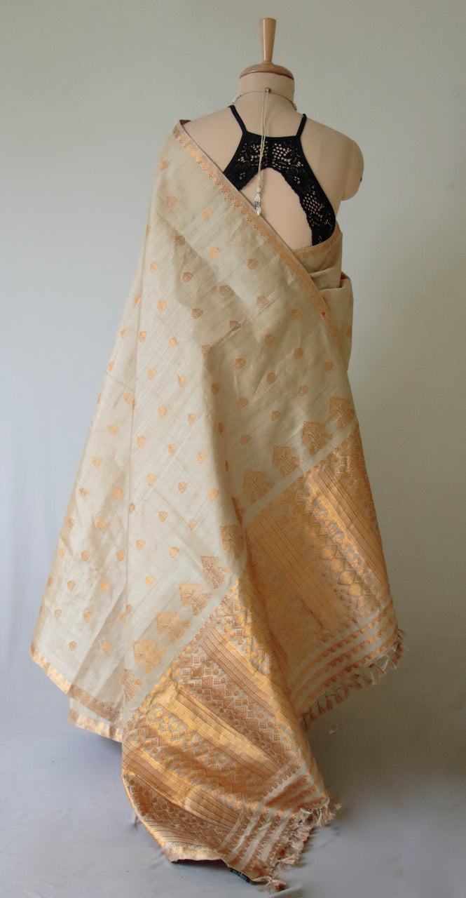 Handloom Authentic Muga Silk Sari with golden zari from Assam -Made to Order