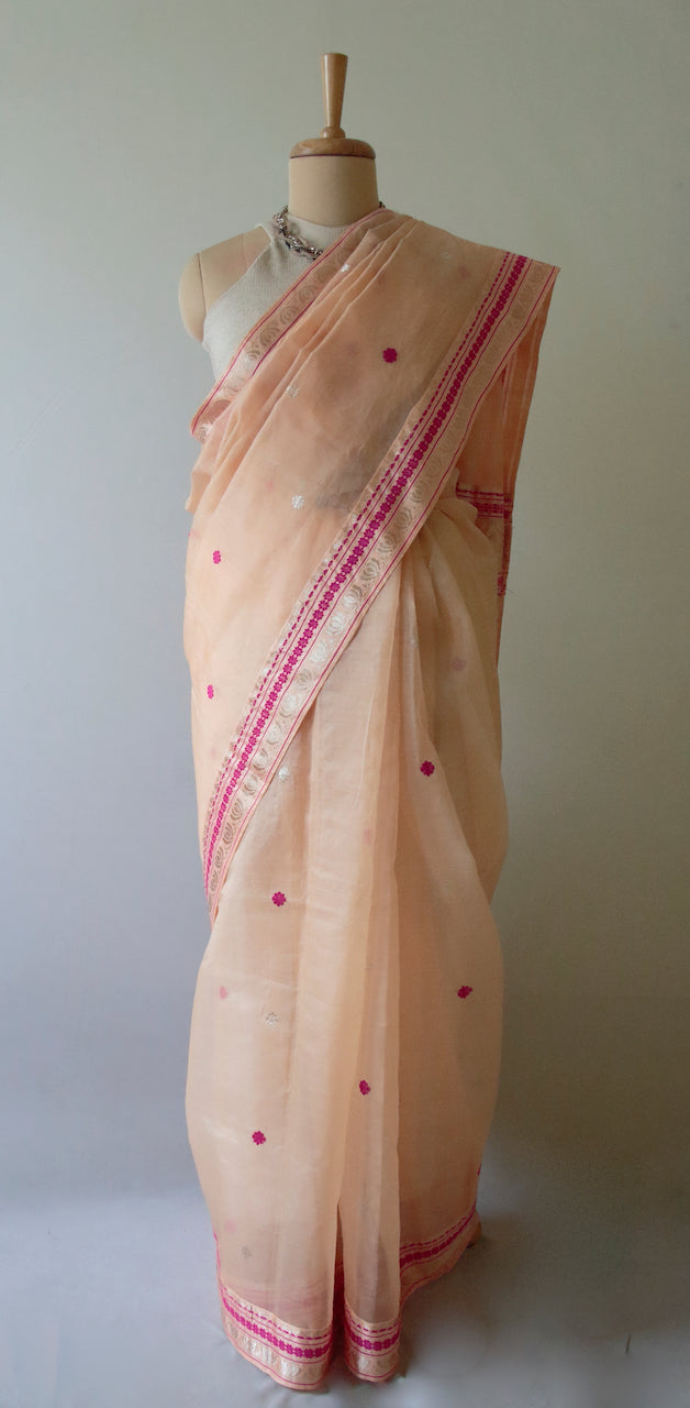 Peach Handloom Organza  Silk Sari From Assam
