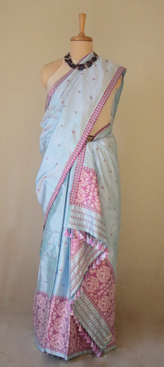 Lavender Blue Traditional Mekhela Chador Set from Assam