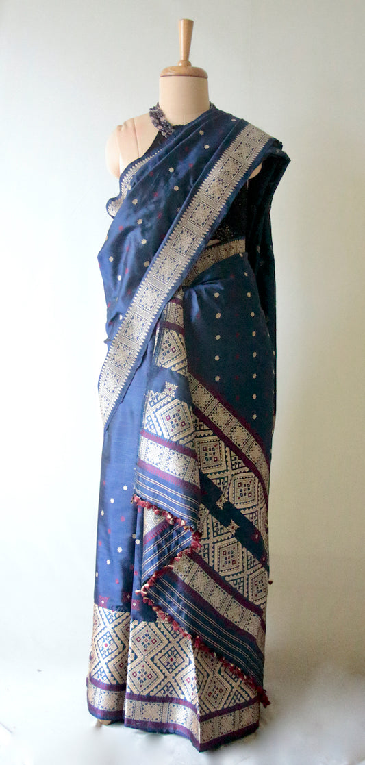 Indigo Natural dyed Silk Traditional Mekhela Chador Set from Assam