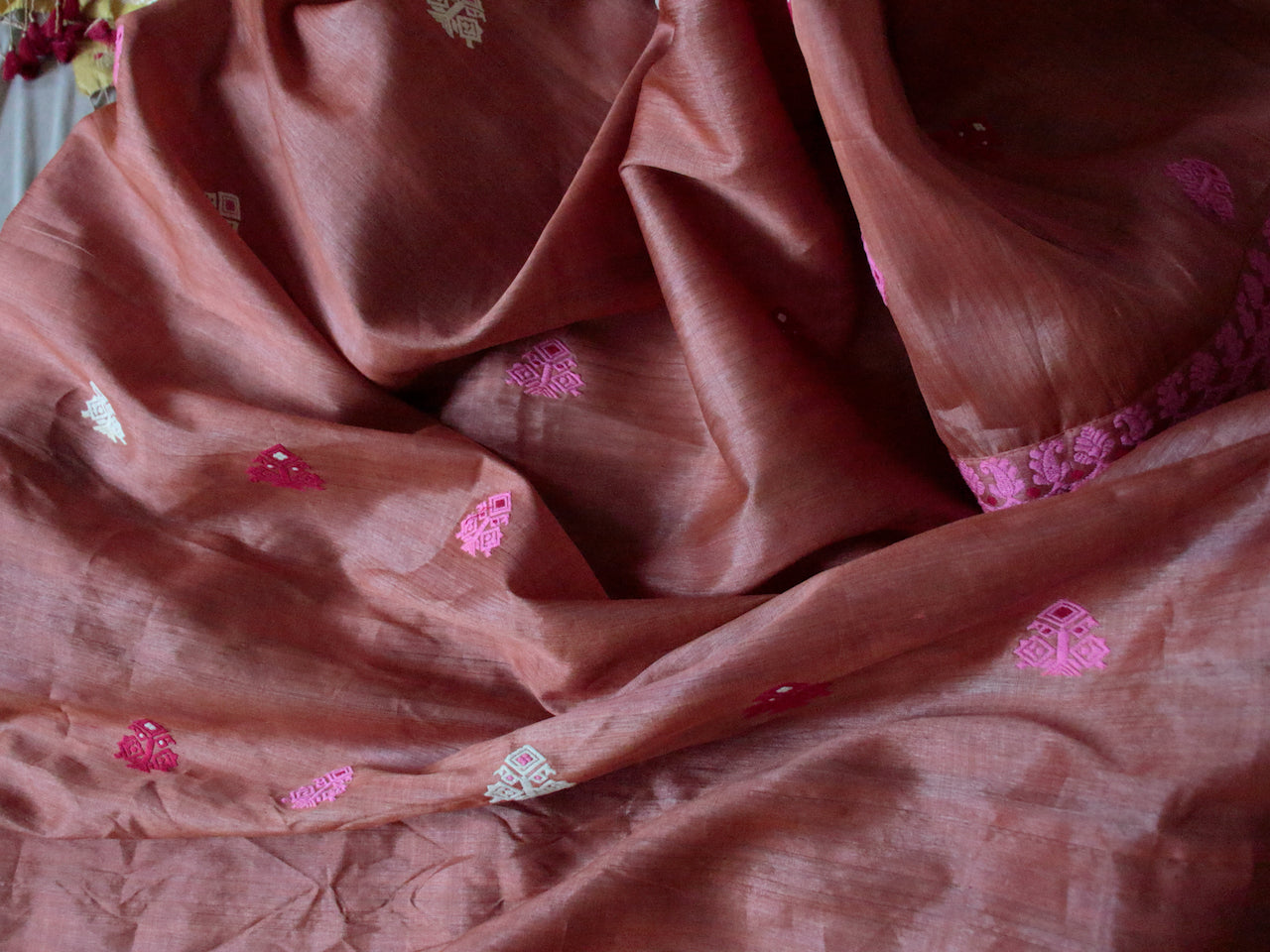 Rusty Pink Mulberry Silk by Tassar silk Handloom saree from Assam