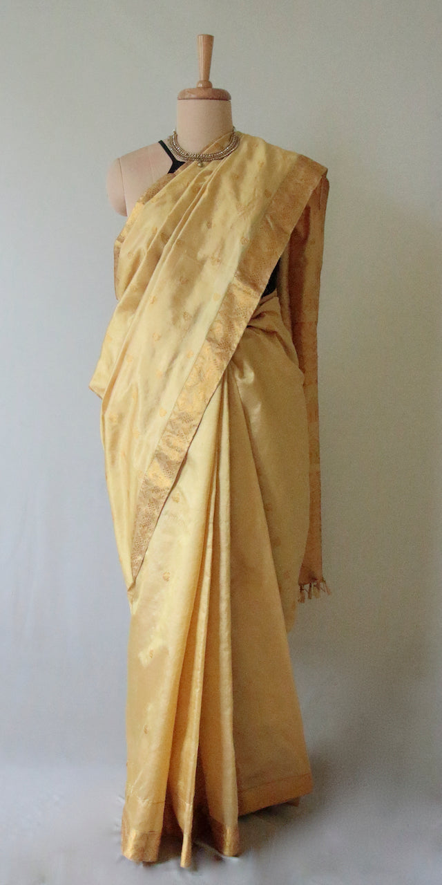 Golden beige With Full Zari Work Handloom Silk Saree from Assam- Made to
