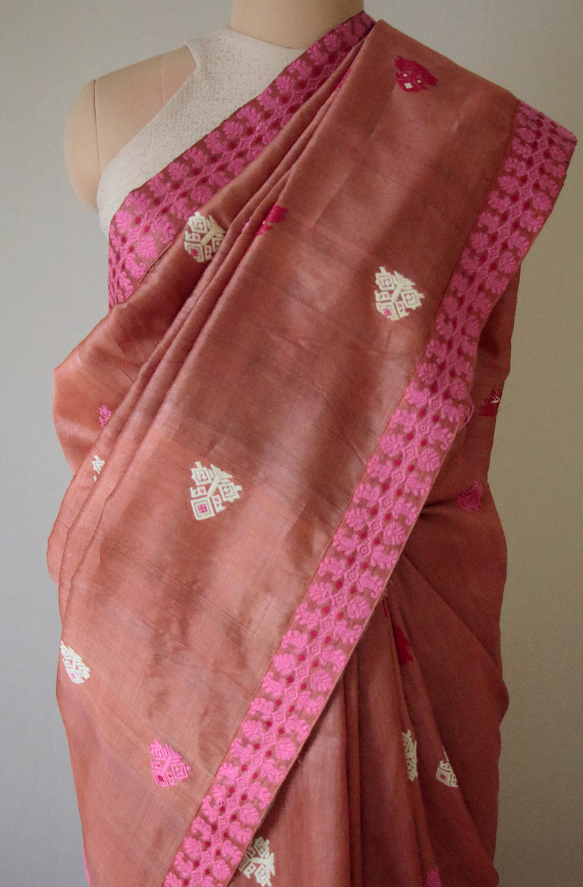 Rusty Pink Mulberry Silk by Tassar silk Handloom saree from Assam