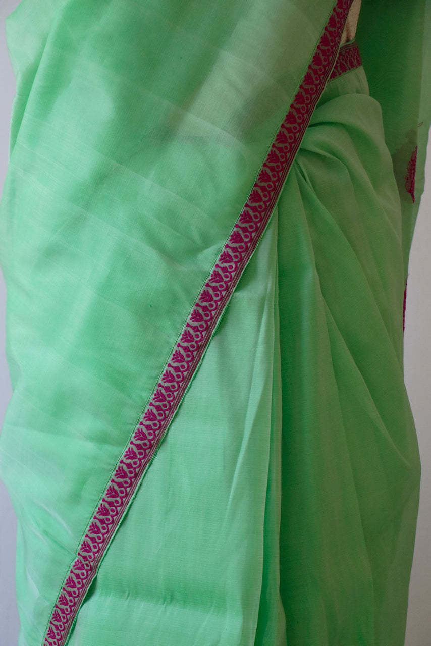 Green Handloom Silk Organza Sari from Assam