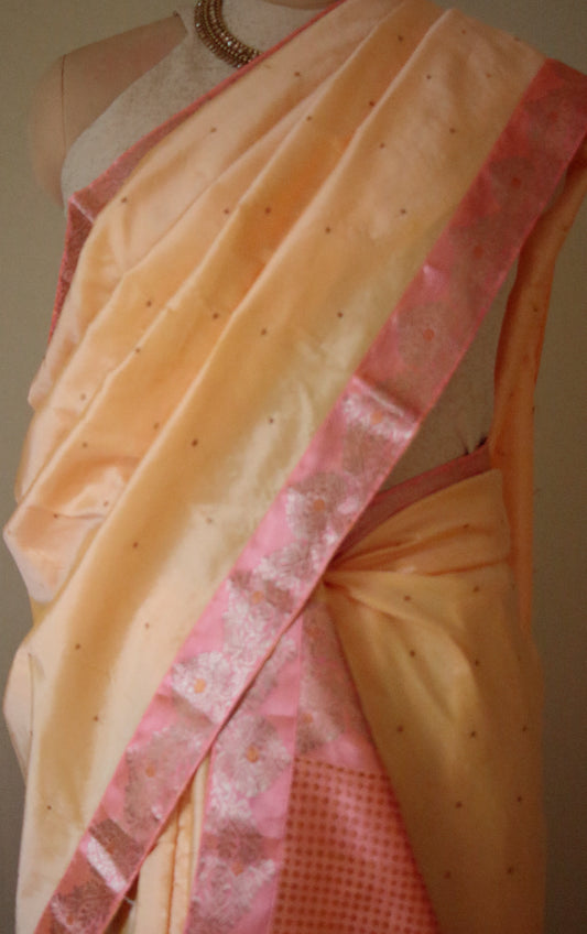 Light Peach Traditional Pure Silk Mekhela Chador Set from Assam