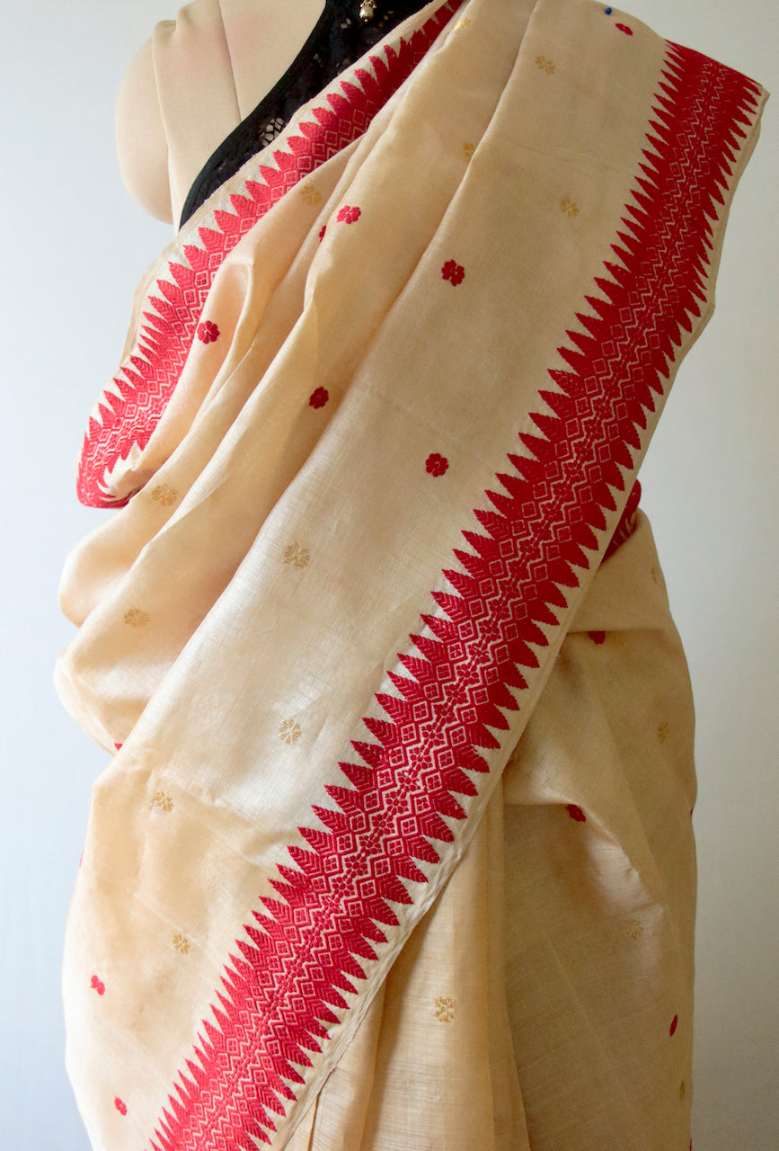 Tassar Silk Saree with traditional red and golden zari motifs from Assam
