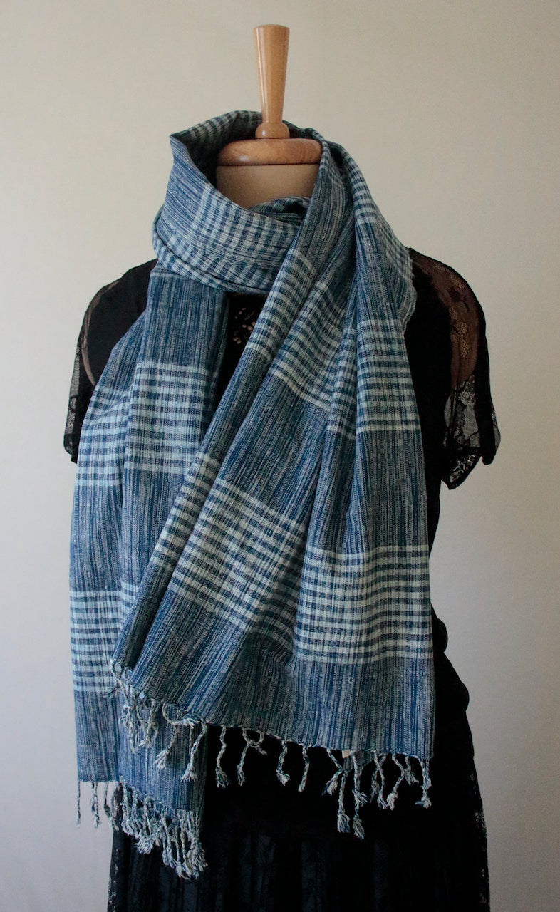 Indigo Natural Dyed Check and Stripe Handloom Eri Silk Stoles / Scarfs from Assam