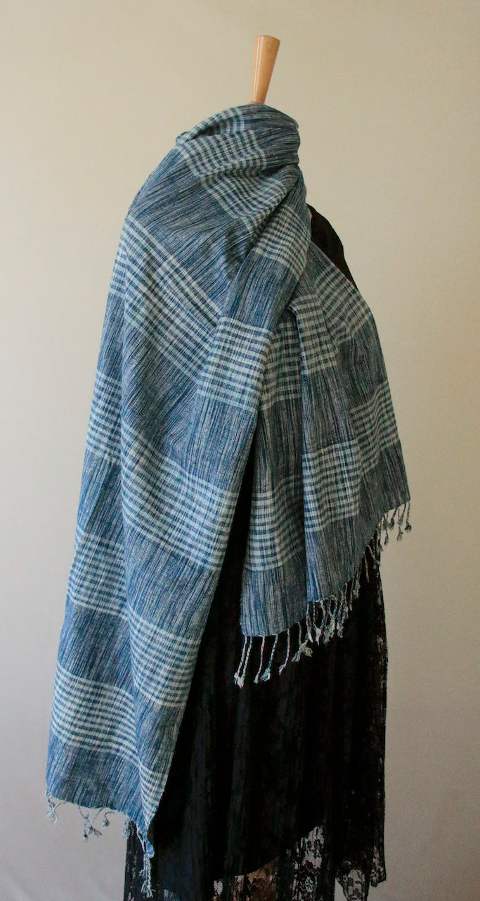 Indigo Natural Dyed Check and Stripe Handloom Eri Silk Stoles / Scarfs from Assam