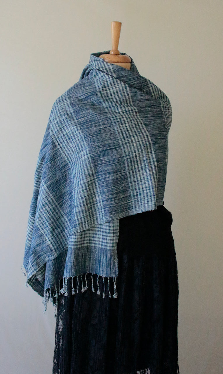 Indigo Natural Dyed Check and Stripe Handloom Eri Silk Stoles / Scarfs from Assam
