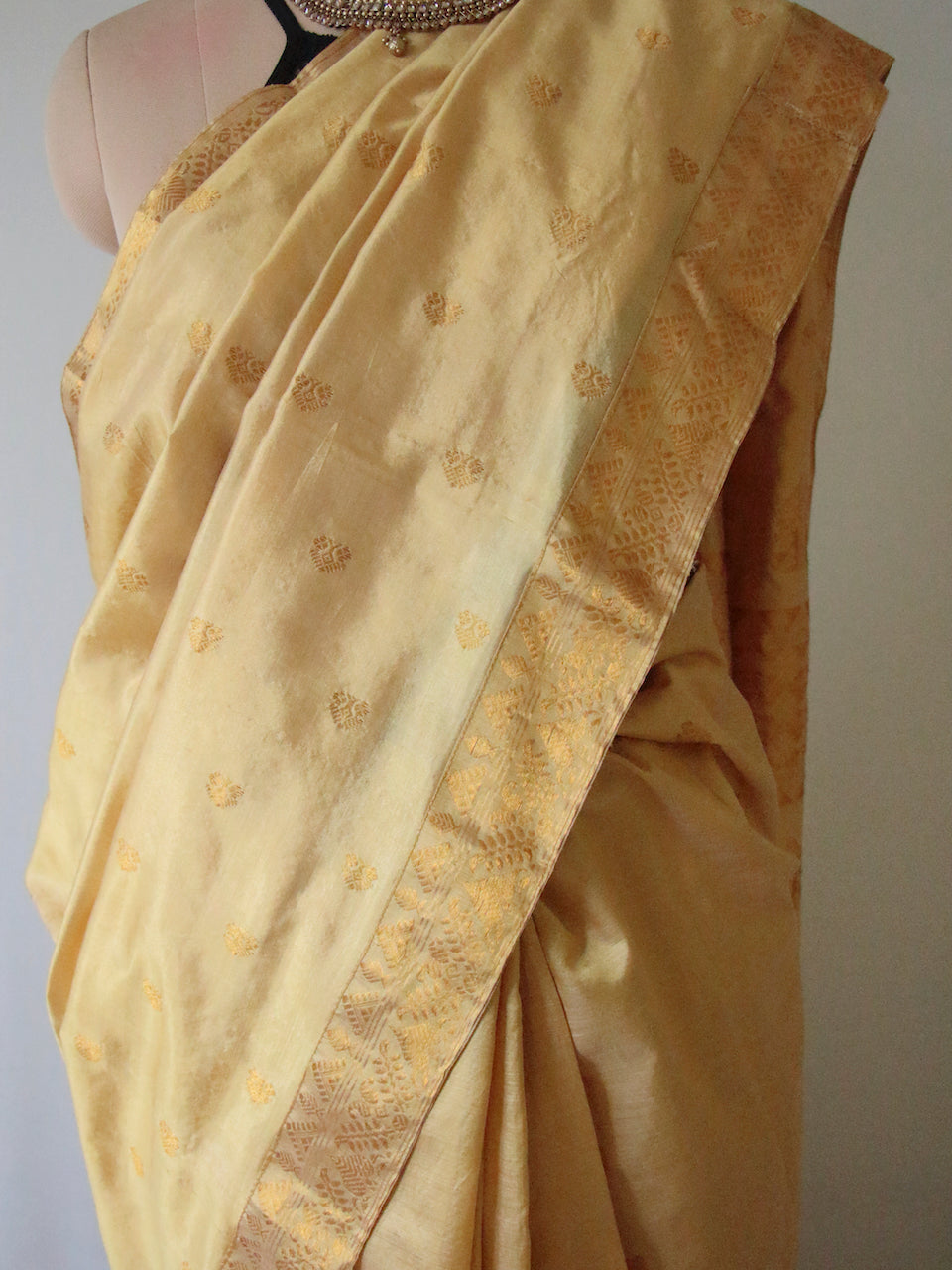 Golden beige With Full Zari Work Handloom Silk Saree from Assam- Made to