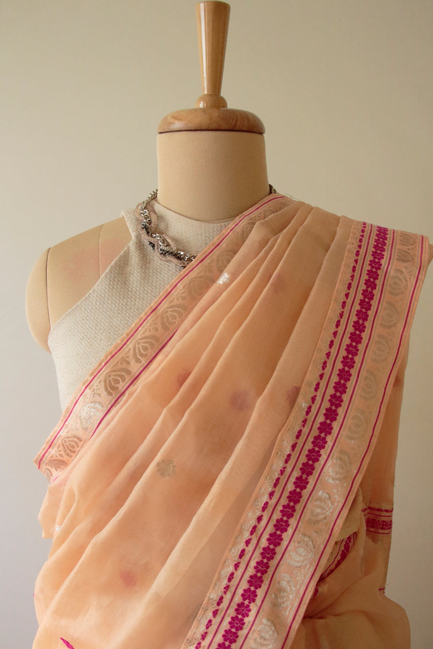 Peach Handloom Organza  Silk Sari From Assam