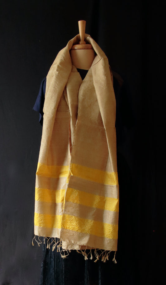 Golden Muga Silk Scarf / Stole with yellow stripe / handwoven from Assam