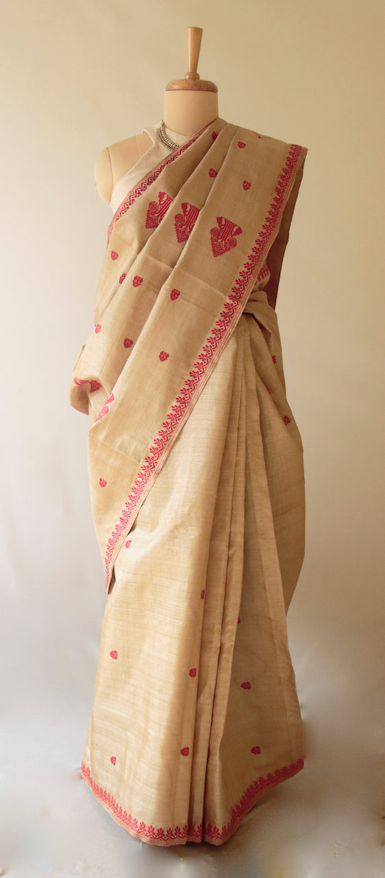 Muga Silk Saree in classic red motifs from Assam
