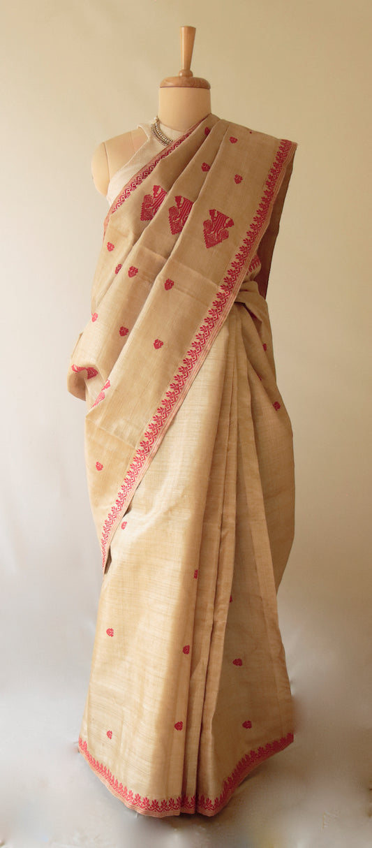 Muga Silk Saree in classic red motifs from Assam