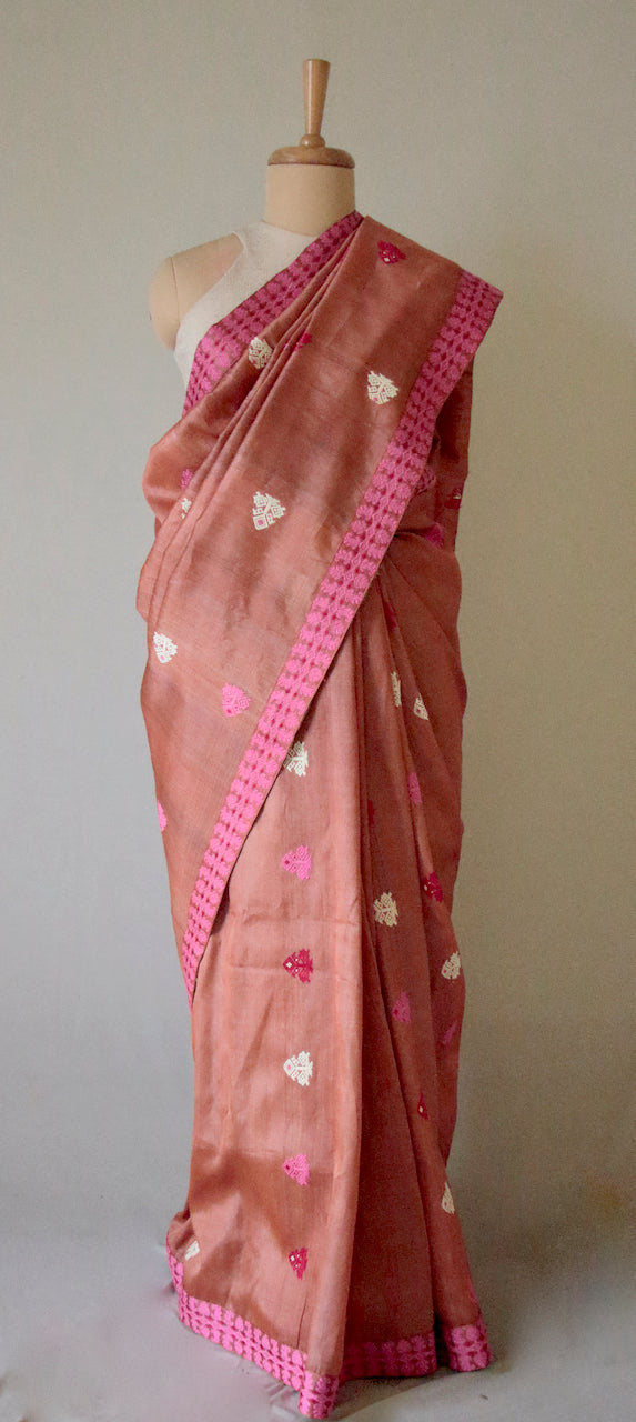 Rusty Pink Mulberry Silk by Tassar silk Handloom saree from Assam