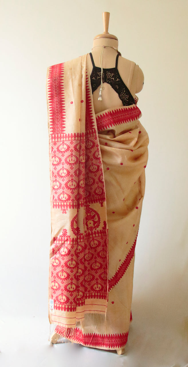 Tassar Silk Saree with traditional red and golden zari motifs from Assam