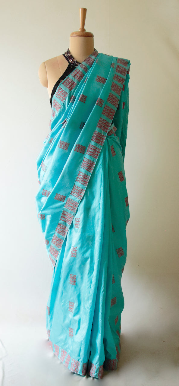 Sky Blue Handloom Mulberry Silk Sari from Assam