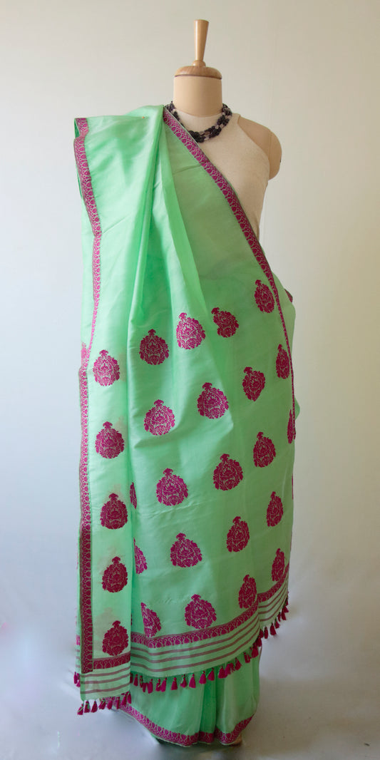 Green Handloom Silk Organza Sari from Assam