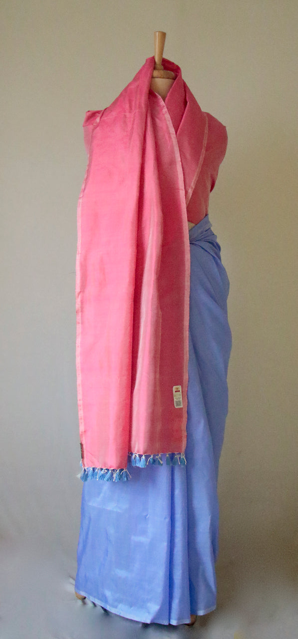 Pink and Blue Contemporary Style Handloom Mulberry Silk Saree from Assam