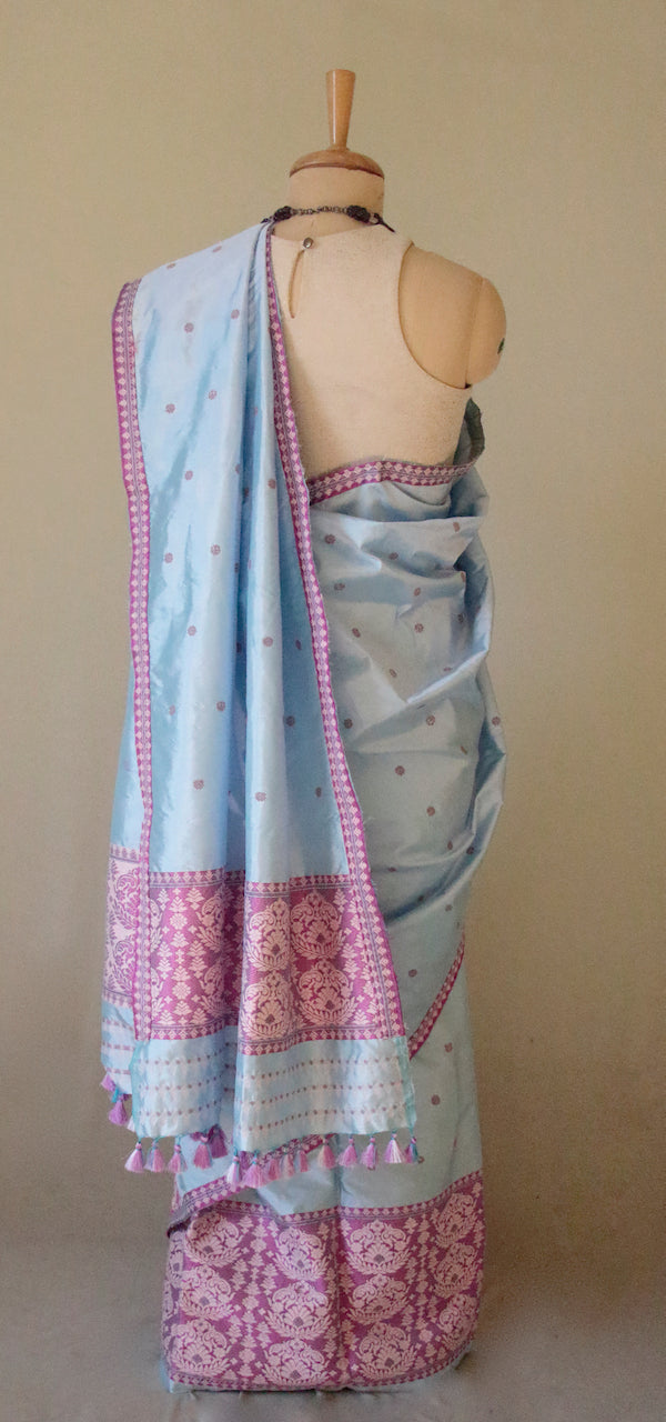 Lavender Blue Traditional Mekhela Chador Set from Assam