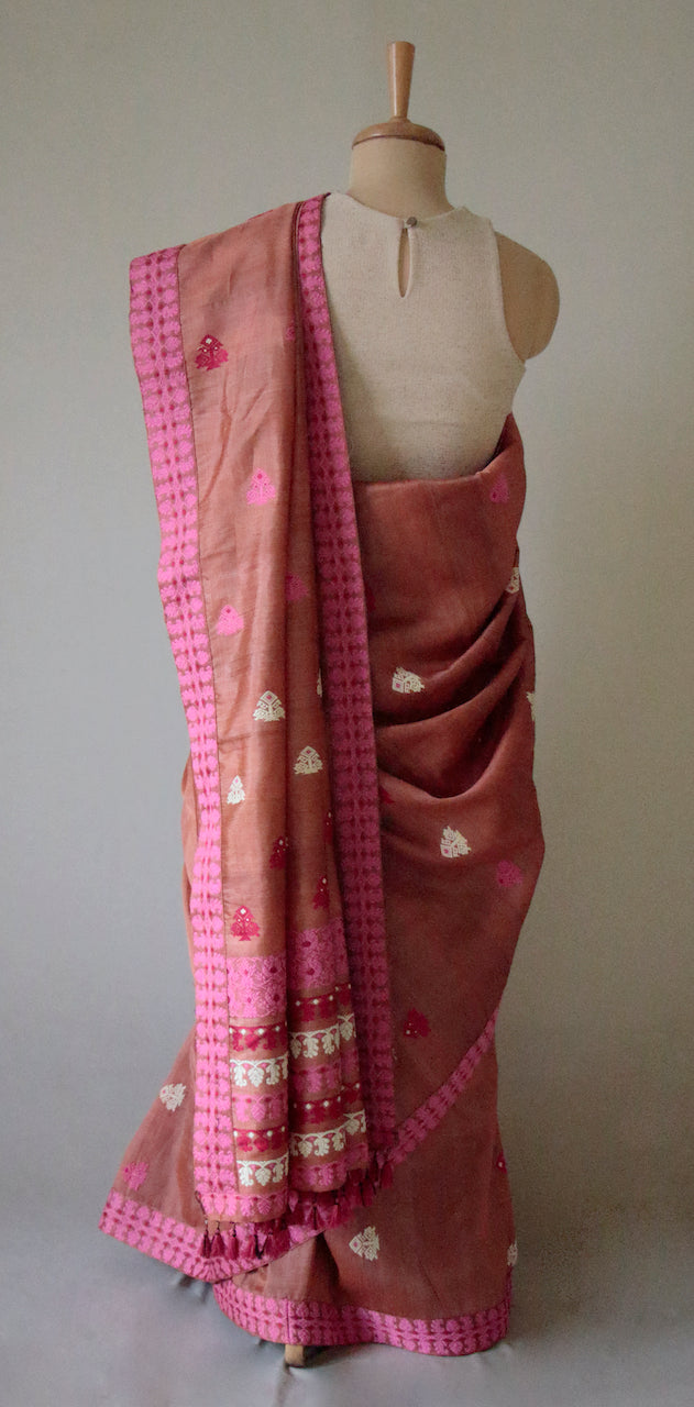 Rusty Pink Mulberry Silk by Tassar silk Handloom saree from Assam