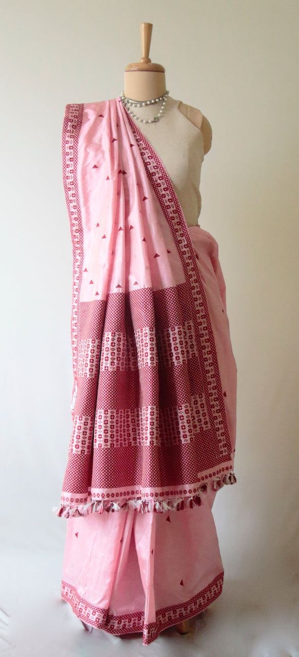 Rose Pink Handloom Mulberry Silk Saree from Assam