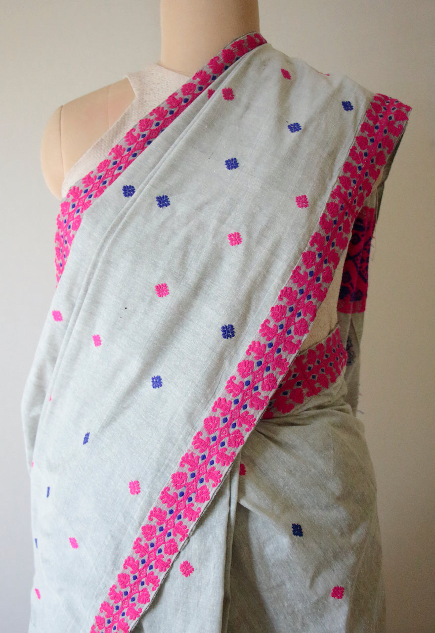 Grey Handloom Silk Saree from Assam