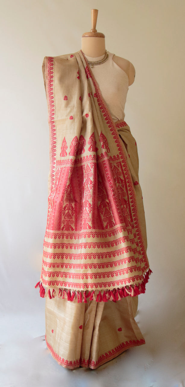 Muga Silk Saree in classic red motifs from Assam