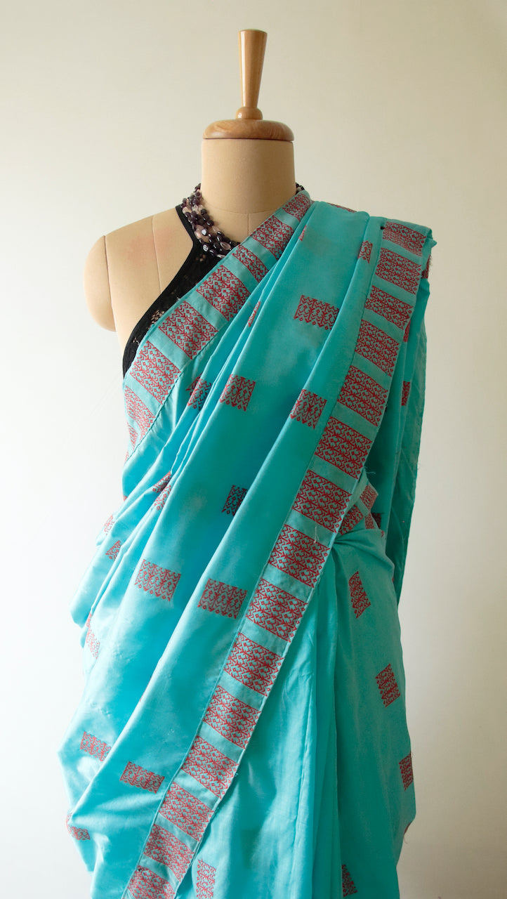 Sky Blue Handloom Mulberry Silk Sari from Assam