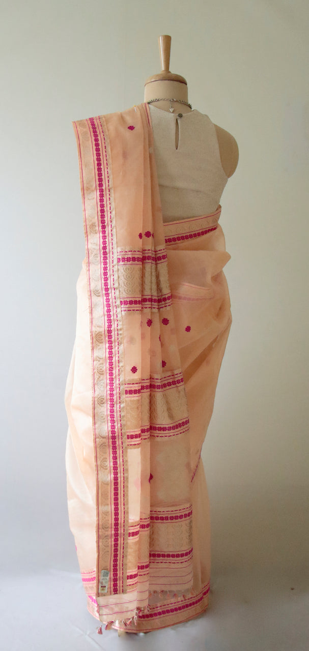 Peach Handloom Organza  Silk Sari From Assam
