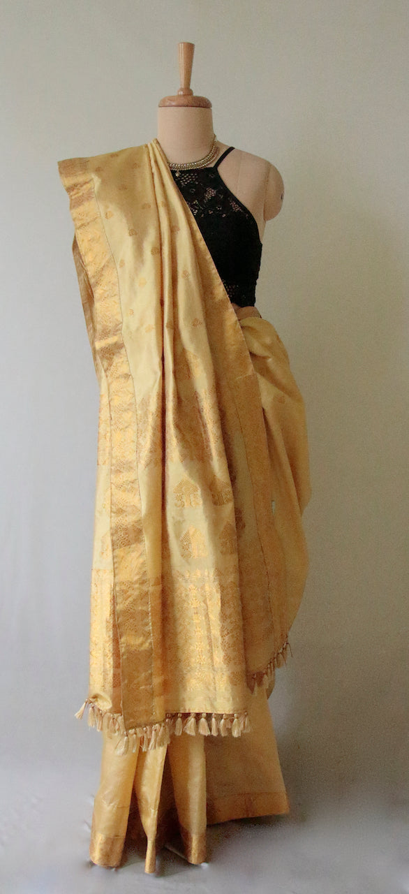 Golden beige With Full Zari Work Handloom Silk Saree from Assam- Made to