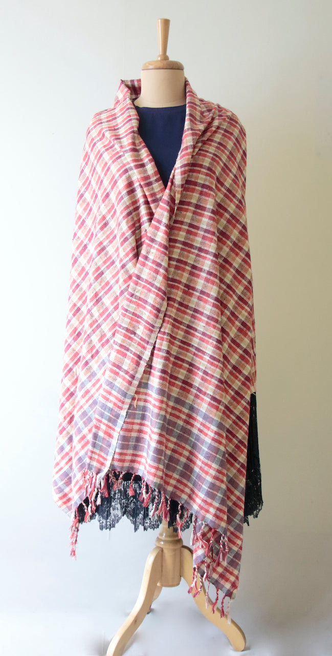 Handloom hundred percent Eri Silk Shawl in Check Pattern from Assam , India