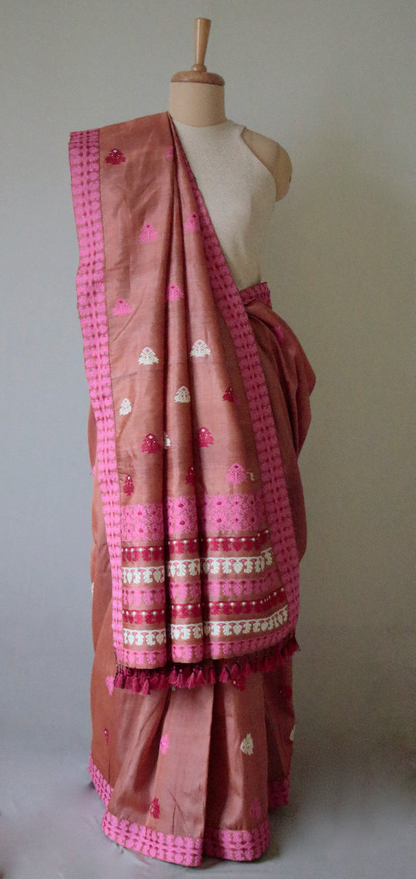 Rusty Pink Mulberry Silk by Tassar silk Handloom saree from Assam