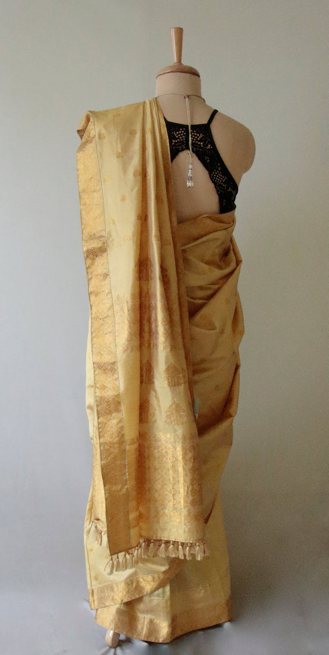 Golden beige With Full Zari Work Handloom Silk Saree from Assam- Made to