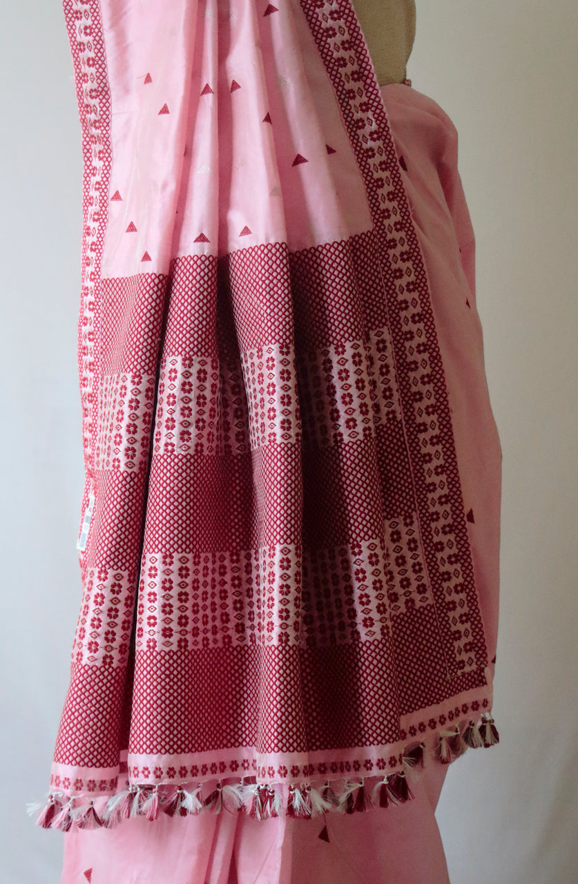 Rose Pink Handloom Mulberry Silk Saree from Assam