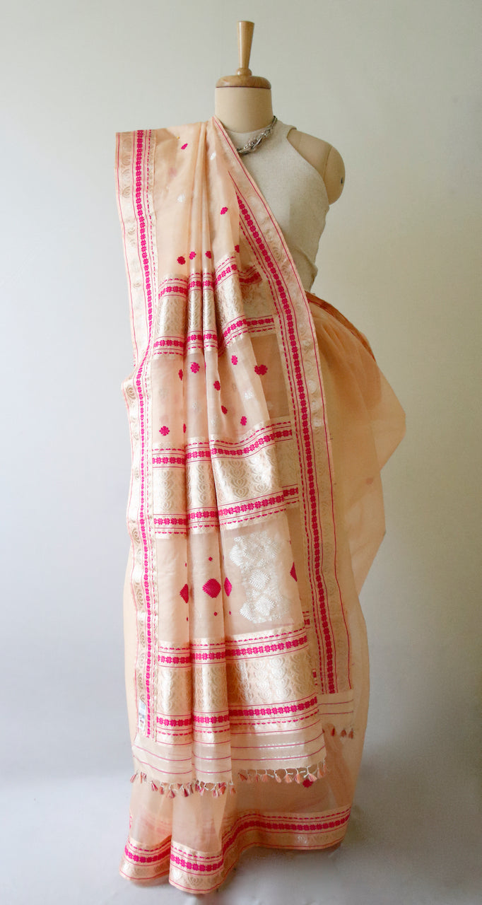 Peach Handloom Organza  Silk Sari From Assam
