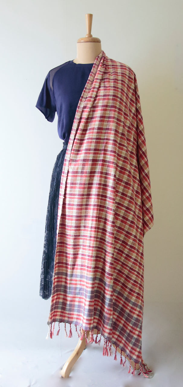 Handloom hundred percent Eri Silk Shawl in Check Pattern from Assam , India