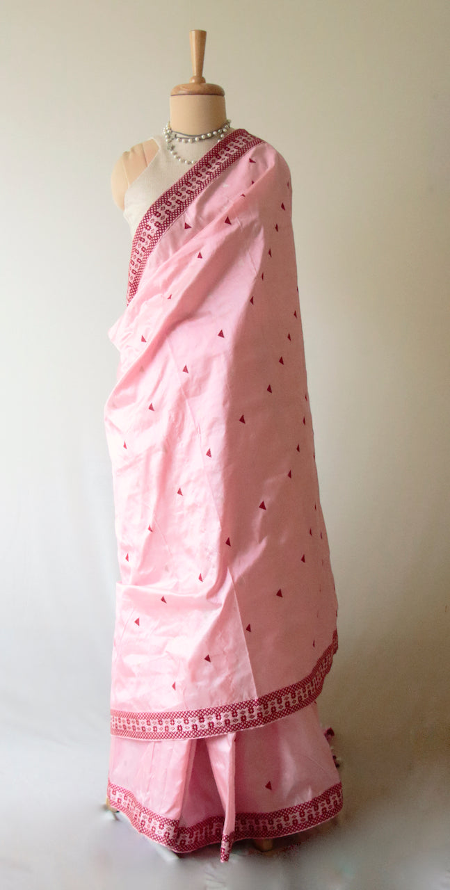 Rose Pink Handloom Mulberry Silk Saree from Assam
