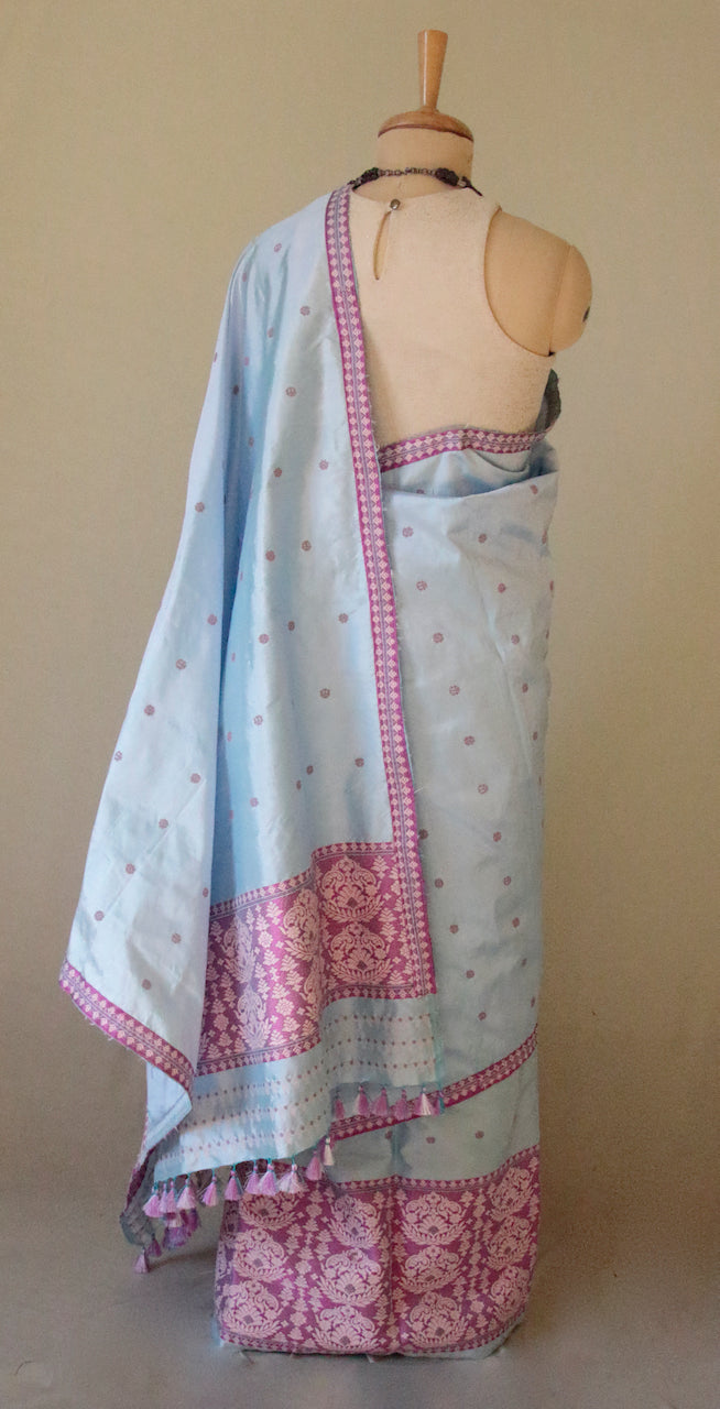 Lavender Blue Traditional Mekhela Chador Set from Assam