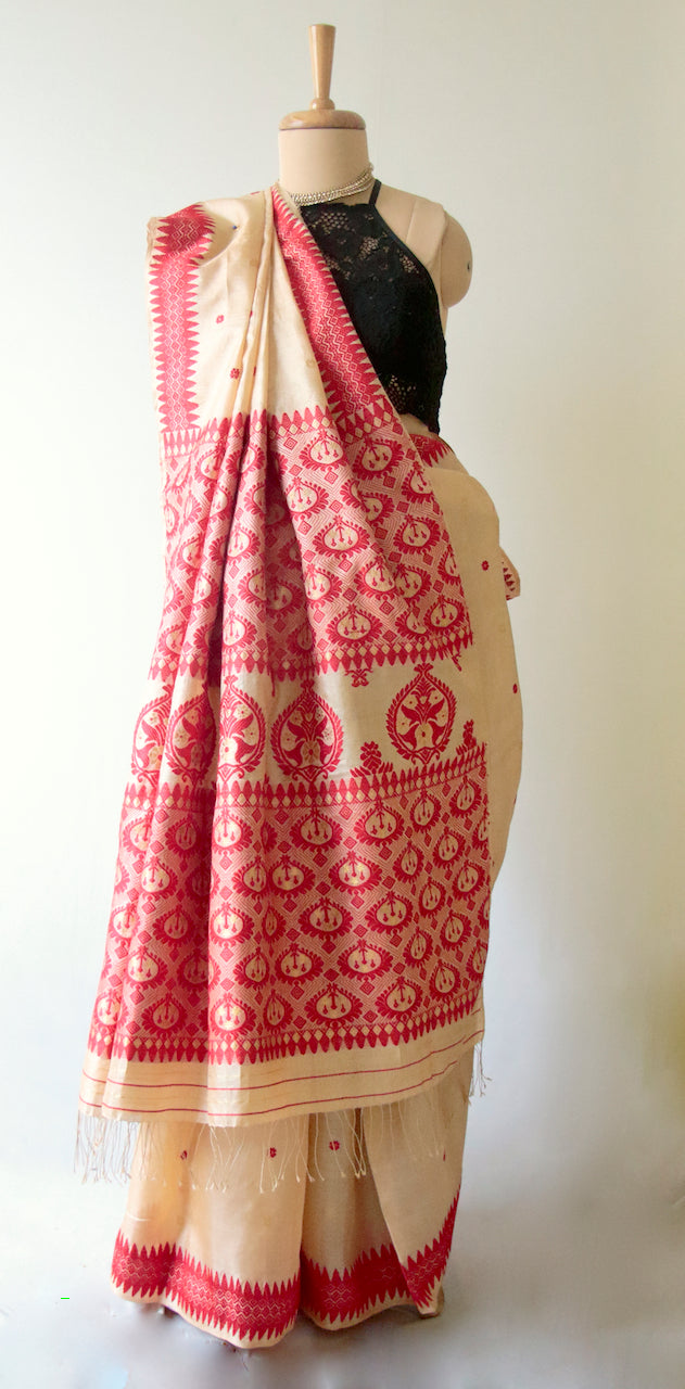 Tassar Silk Saree with traditional red and golden zari motifs from Assam